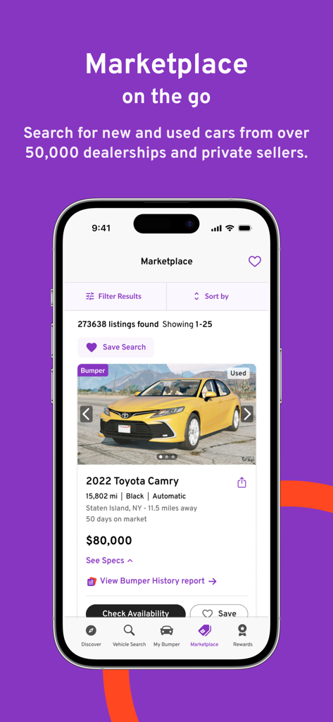 Bumper: Vehicle History Report - Bumper app marketplace screen showing used car listings and vehicle history reports