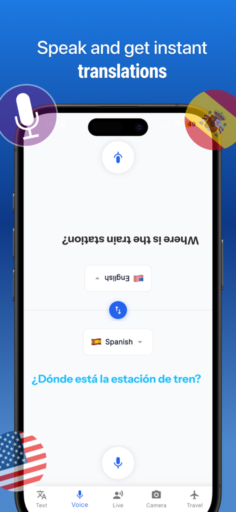 Translate AI - Translator - Translate AI app interface showing instant voice translation from English to Spanish