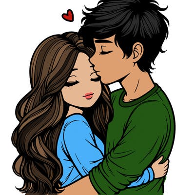 a realistic couple boy and girl hugging and kissing
