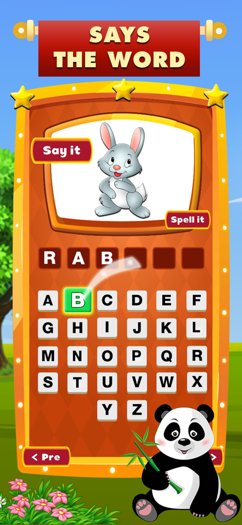 Interfaccia di un'app educativa di ortografia che mostra un'immagine di coniglio e una tastiera di lettere per bambini.