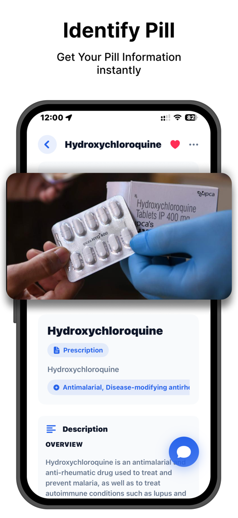 Pill Identifier: AI Pill ID ® - Mobile app interface for identifying Hydroxychloroquine pills with AI