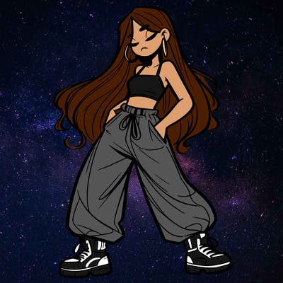 girl in baggy pants crop top and long hair