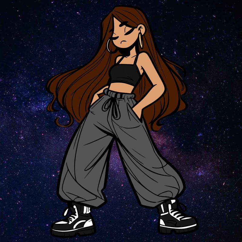 girl in baggy pants crop top and long hair