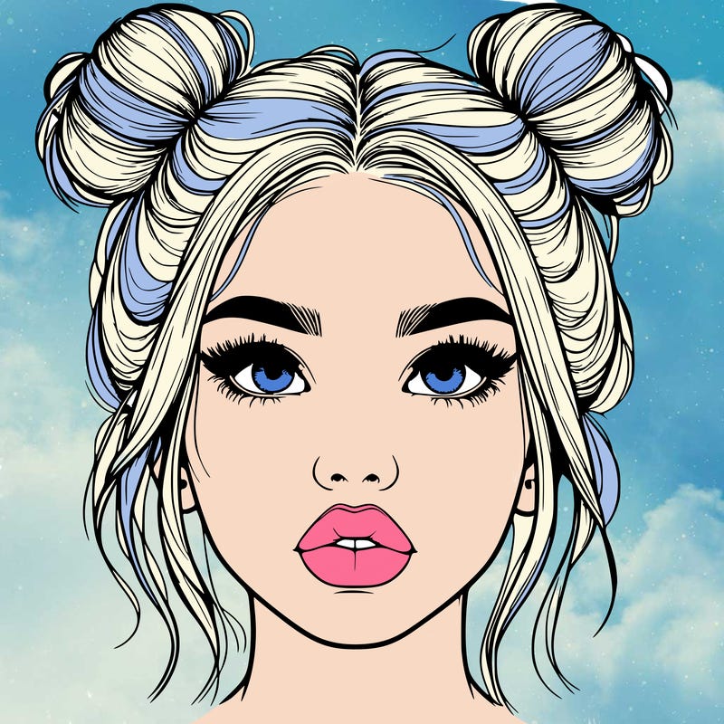 realistic girl with two buns on her hair and lips
