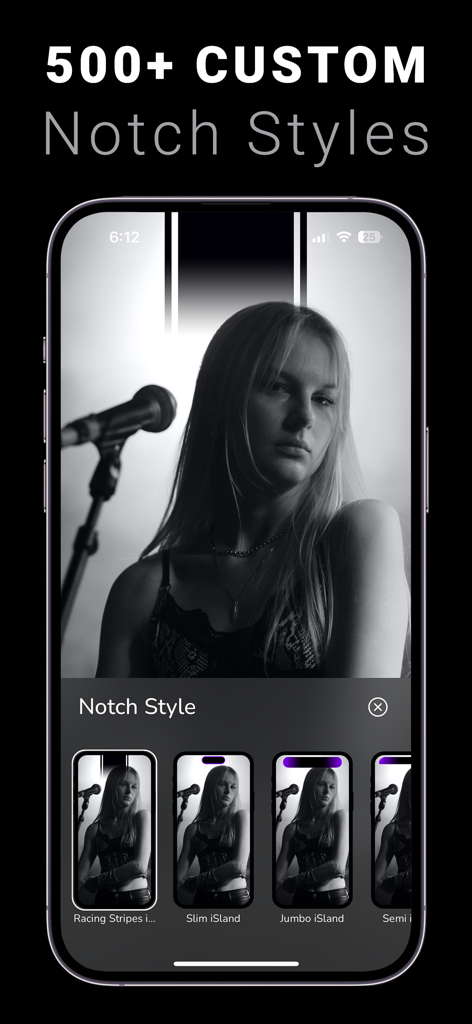INFI: Dynamic Island Wallpaper - Pantalla del iPhone que muestra más de 500 opciones de estilos de notch personalizados para fondos de pantalla de isla dinámica.