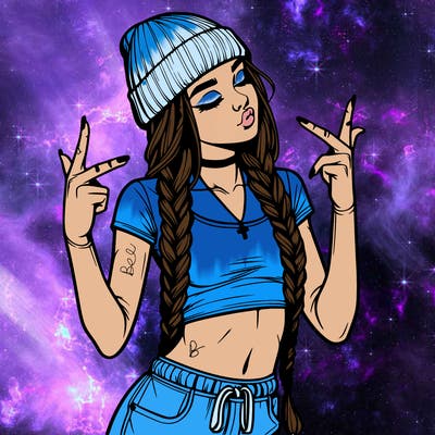 realistic teenage girl with braids and a beanie and crop top doing 🫶🏼