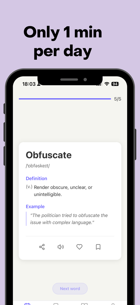 Vocab Builder: Learn new words - Mobile app interface showing the definition and usage example for the word obfuscate as part of a daily vocabulary lesson.