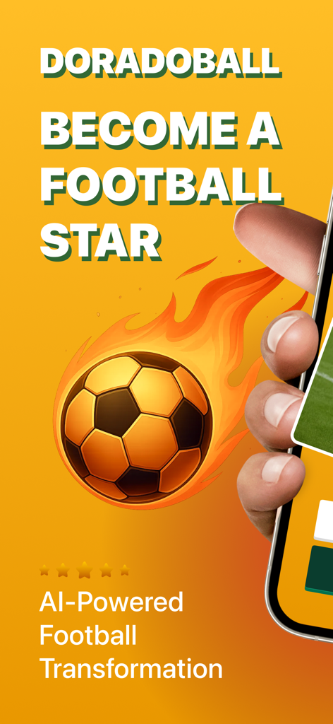燃えるようなサッカーボールと「Become a Football Star」というテキストが表示されたDoradoball AIアプリのプロモーション画面