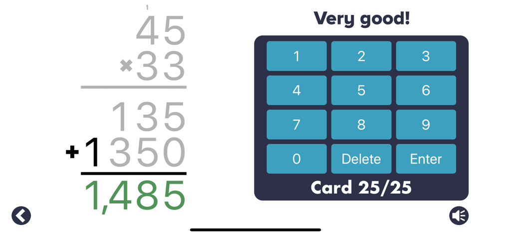 MathEdge app interface showing a step by step multi digit multiplication problem solved correctly with positive feedback