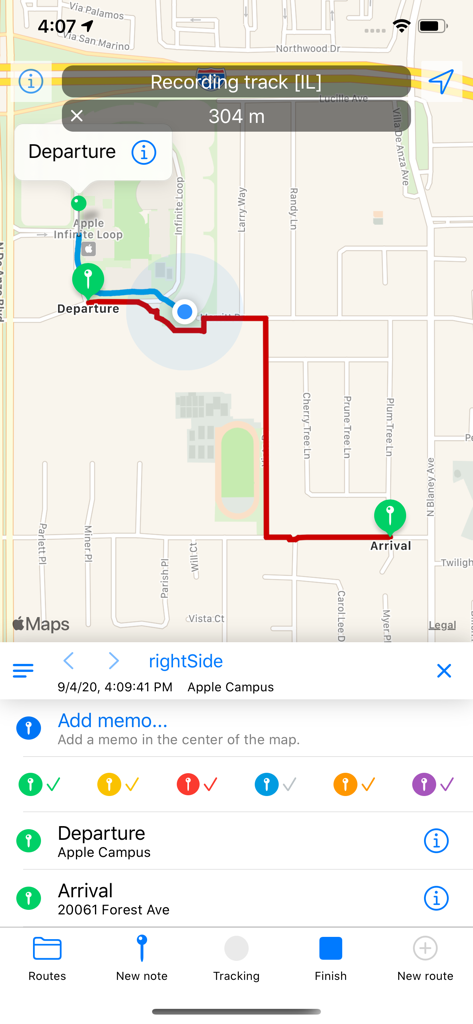 RouteNote - Interface do aplicativo móvel RouteNote exibindo uma rota GPS gravada em um mapa com pinos de destino