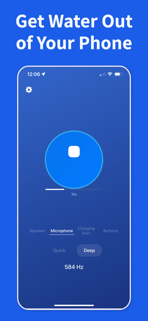 Water Remover, Speaker Cleaner - Interface of the Water Remover app showing a deep cleaning sound frequency to eject water from an iPhone microphone.