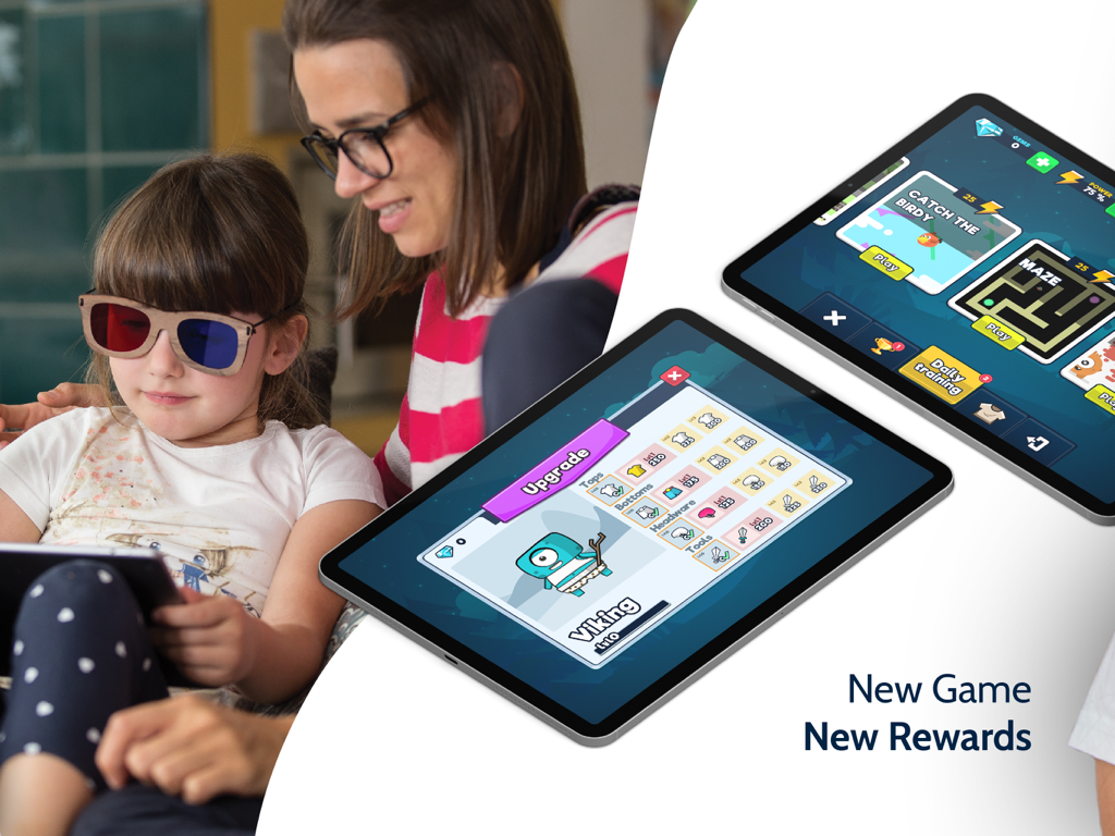 AmblyoPlay - A child wearing red and blue vision therapy glasses plays AmblyoPlay games on an iPad with her mother looking on