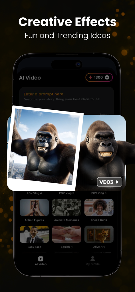 AI Video Generator Serda - Interface of Serda AI video app displaying trending creative effects and an AI generated gorilla video