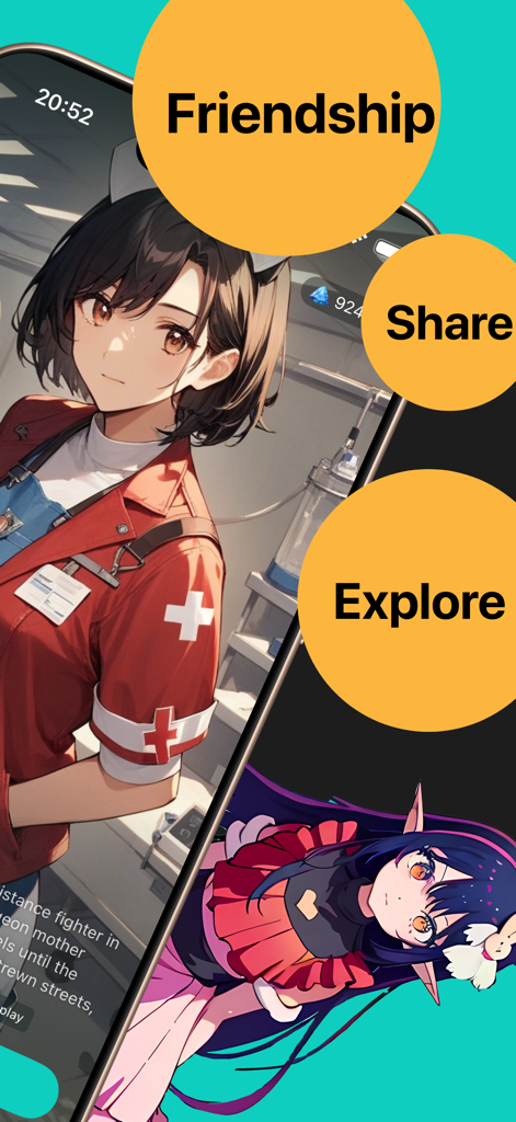 Emorai-Chat with AI Character - Emorai app interface with anime characters and features like Friendship and Explore