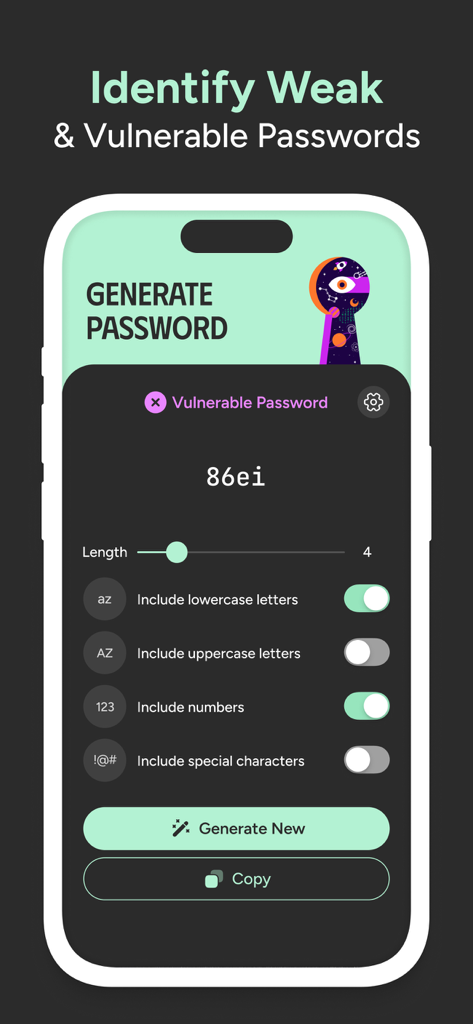 Interface do aplicativo para gerar senhas com um aviso de segurança para combinações fracas