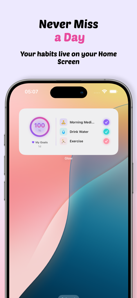 Glow: Habit & Goal Tracker - Glow app habit tracker widget on an iPhone home screen showing daily goal progress