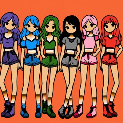 a group of girls wearing crop tops and shorts