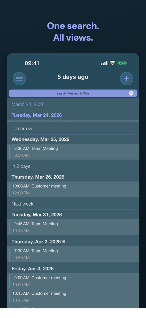 Appoint - Smart Calendar - Interfaz de la aplicación Appoint Smart Calendar que muestra una lista de resultados de búsqueda de reuniones con fechas relativas y un tema oscuro