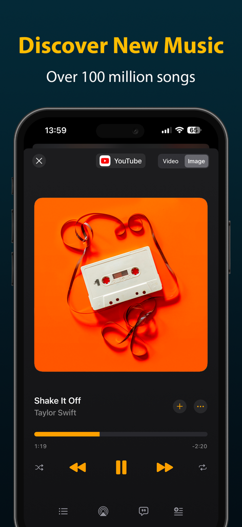 Demus app music player screen showing Taylor Swift Shake It Off playing with a cassette tape artwork