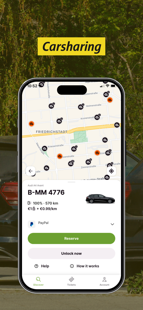 BVG Jelbi: Mobility in Berlin - BVG Jelbi mobile app interface showing carsharing vehicle locations on a Berlin map and car rental details