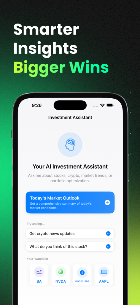 AI Investing: Stocks & Crypto - AI Investment Assistant interface showing market outlook and stock watchlist