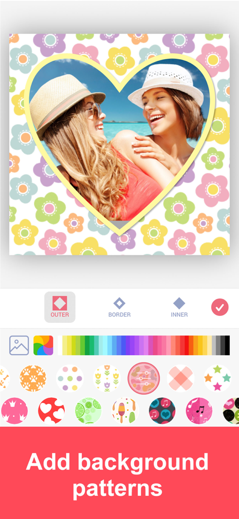 Cadre photo en forme de cœur avec des motifs de fond floraux et des outils d'édition de couleur dans l'application