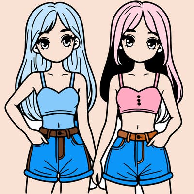 two sisters with crop tops and jean shorts and straight hair
