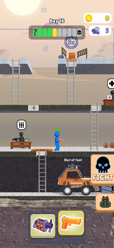 Dusk WarZ - Gameplay screenshot of Dusk WarZ showing a character in a multi-level base preparing weapons and resources during the day phase.