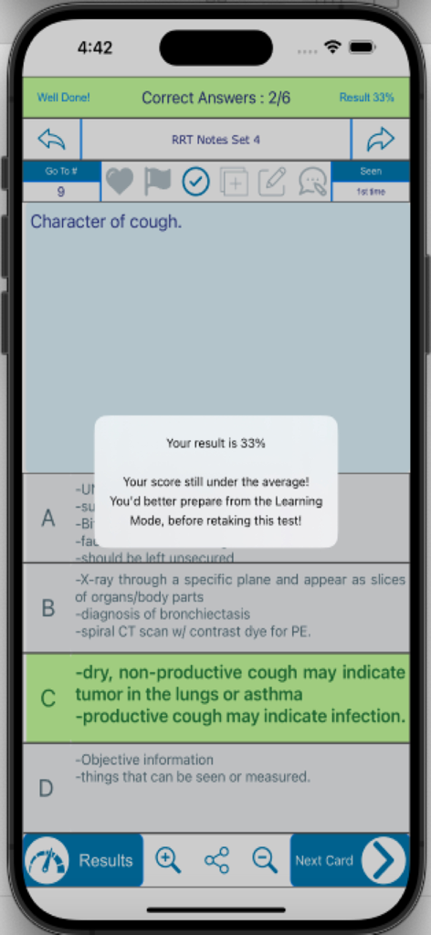 Una pantalla de cuestionario móvil de la aplicación Respiratory Therapist Exam RRT que muestra una puntuación de examen del treinta y tres por ciento y notas de estudio médicas sobre las características de la tos.