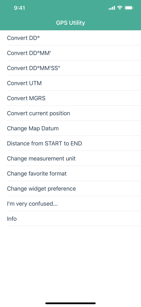 Menú de la aplicación GPS Utility con opciones de conversión para UTM MGRS y grados decimales