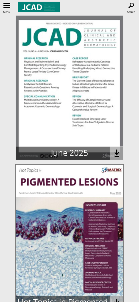 JCAD app interface showing medical journal covers for June 2025 and a hot topics section on pigmented lesions.