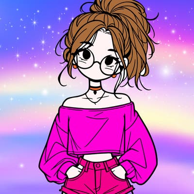 girl with a messy ponytail glasses a baggy crop top and jean shorts