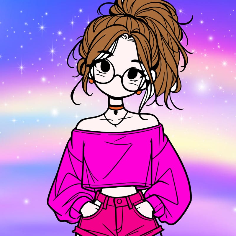 girl with a messy ponytail glasses a baggy crop top and jean shorts