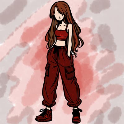 girl in baggy pants crop top and long hair