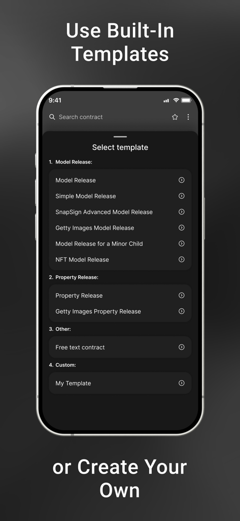 A menu in the SnapSign app showing a variety of built-in legal templates including model releases property releases and custom contracts