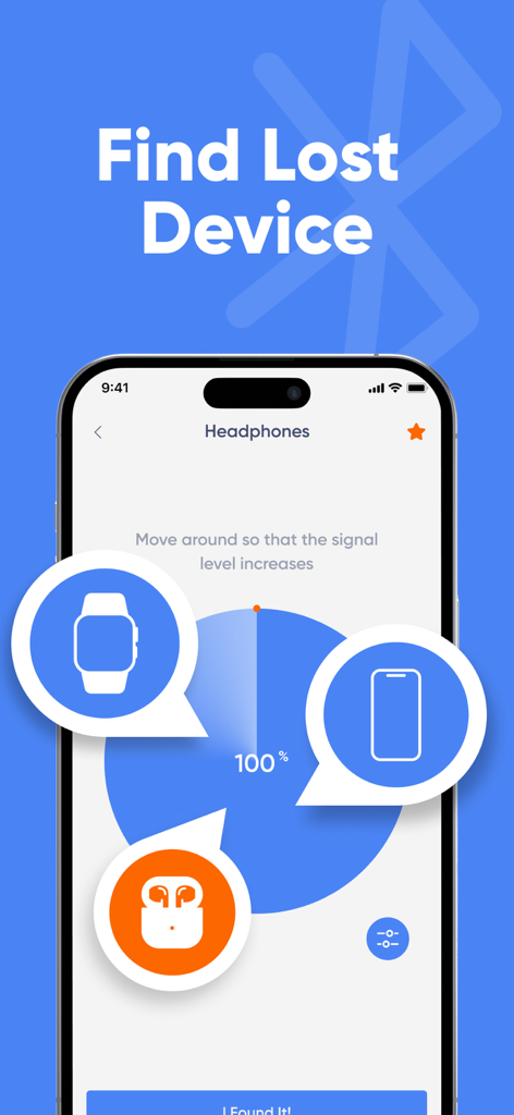 Find Lost Bluetooth Device Pro - Interface of the Find Lost Bluetooth Device Pro app showing a signal strength radar for lost headphones