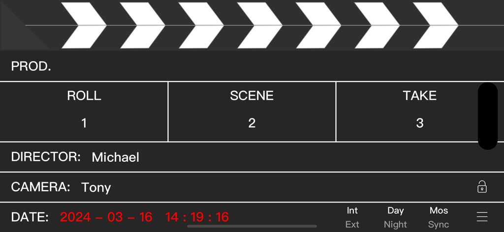 eSlate digital clapperboard interface displaying roll scene and take information