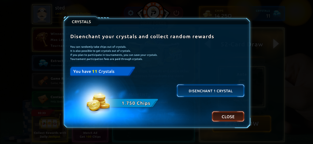 Menú de desencantamiento de cristales en el juego de Draw Poker Online mostrando recompensas de fichas disponibles