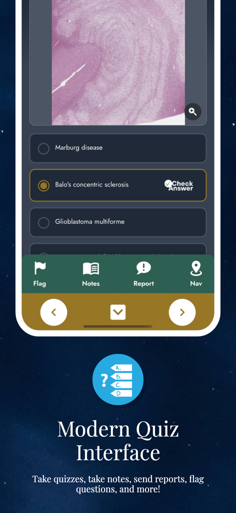 NowYouKnowMed - Modern quiz interface of the NowYouKnowMed app showing a medical case question with a histology image.