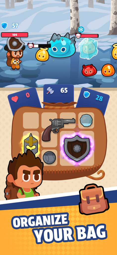 Bag Fight - Bag Fight mobile game screenshot showing the backpack grid management system with weapons and armor during a slime battle