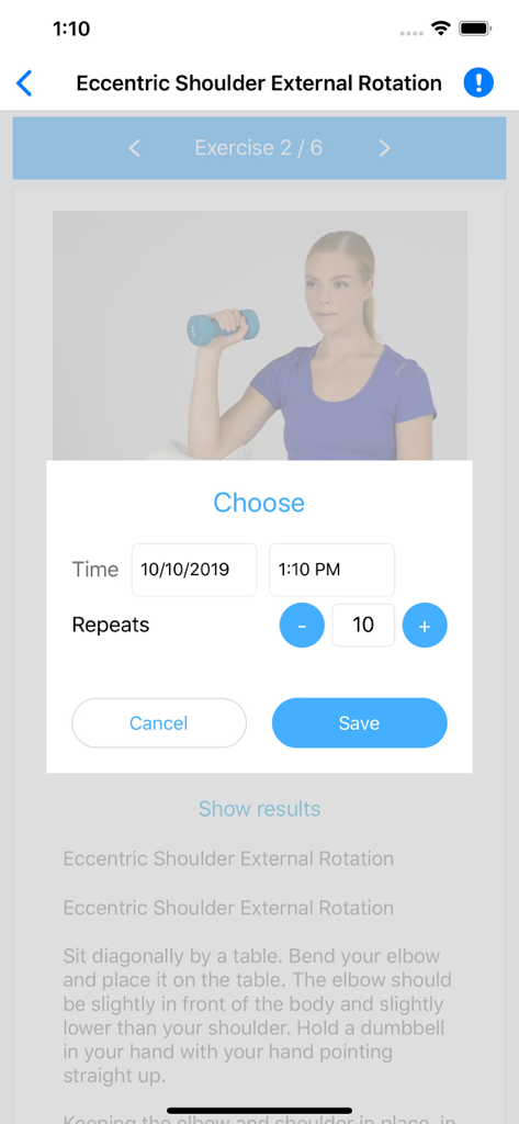 Physiotools Trainer - Pantalla de la aplicación Physiotools Trainer que muestra un ejercicio de rotación de hombro con una ventana emergente para establecer recuentos de repeticiones y tiempo