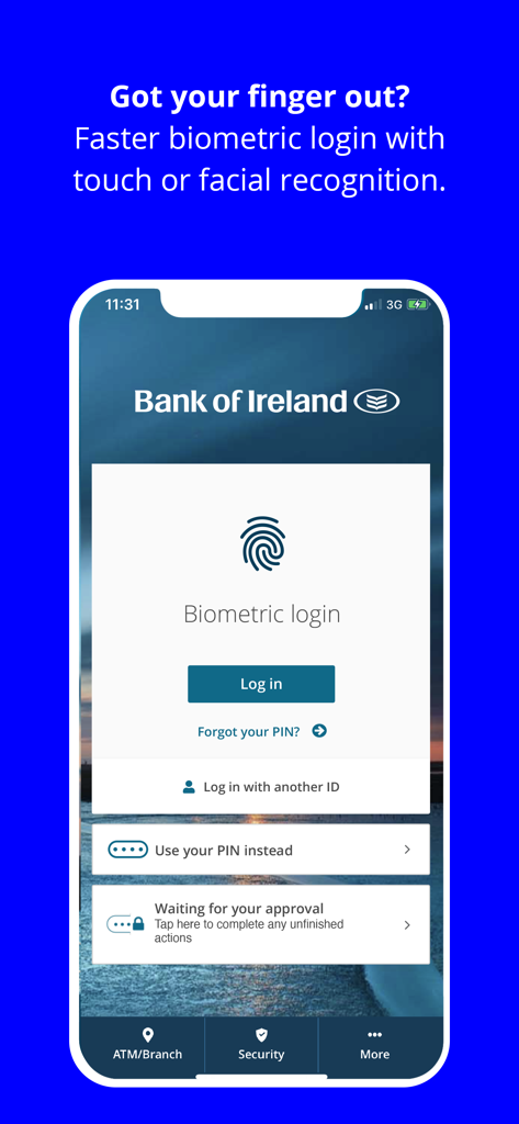 Bank of Ireland mobile app login screen featuring biometric fingerprint authentication
