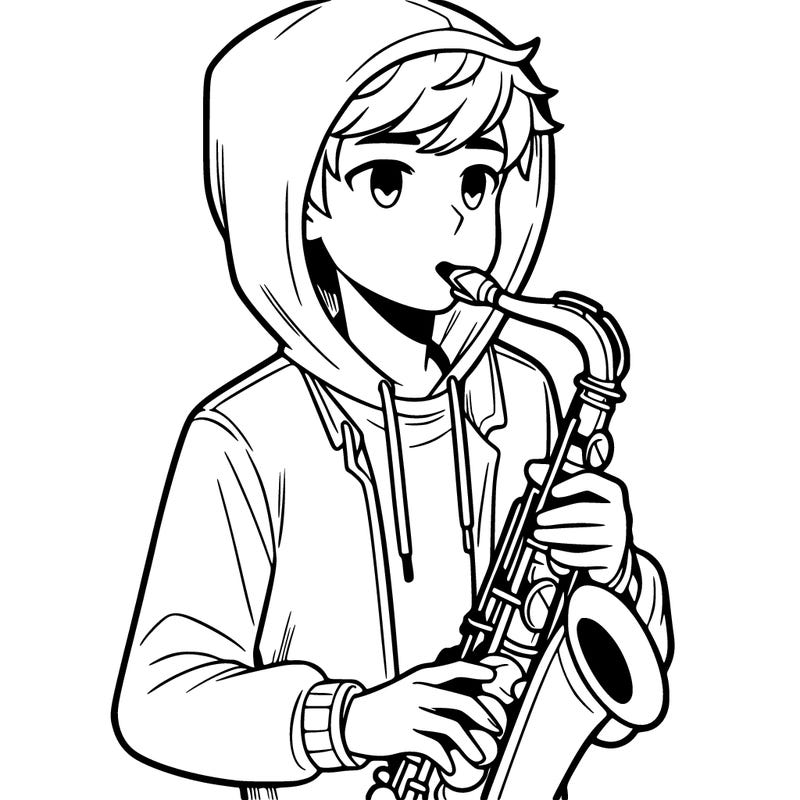 a teenage boy who wears a hoodie and plays the saxophone
