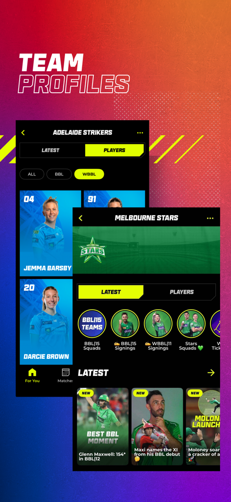 Pantallas de la aplicación móvil que muestran los perfiles de los equipos Adelaide Strikers y Melbourne Stars con fotos de jugadores y noticias recientes