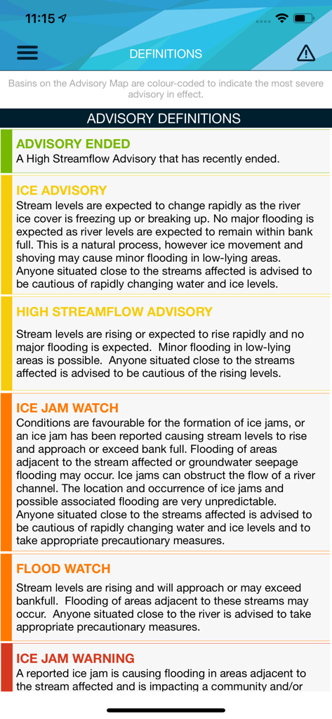 A list of color coded river advisory definitions and safety warnings from the Alberta Rivers app