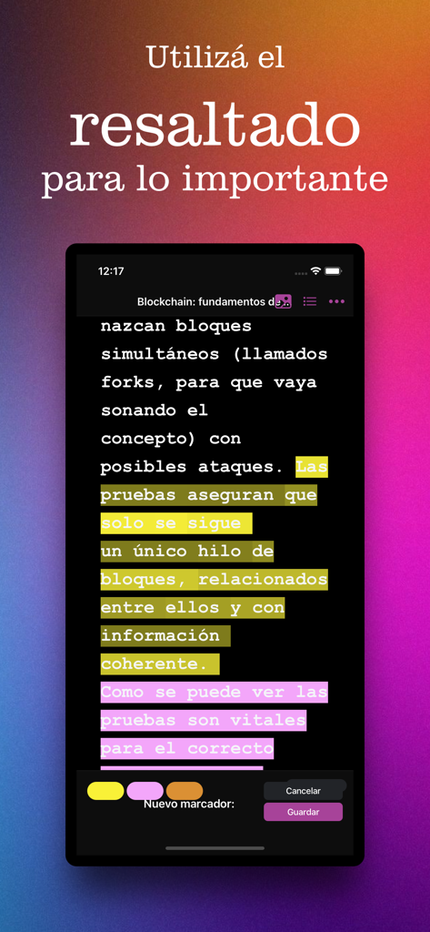Lector eLibro - Lector eLibro app showing color highlighting on academic Spanish text
