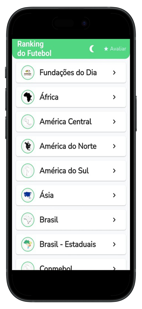 Ranking do Futebol - Menu principal do aplicativo Ranking do Futebol exibindo categorias de estatísticas de futebol por região e continente