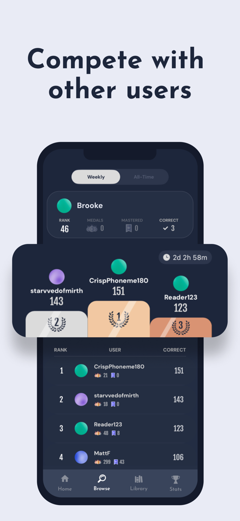 Leaderboard in the nodu app showing global user rankings and vocabulary scores