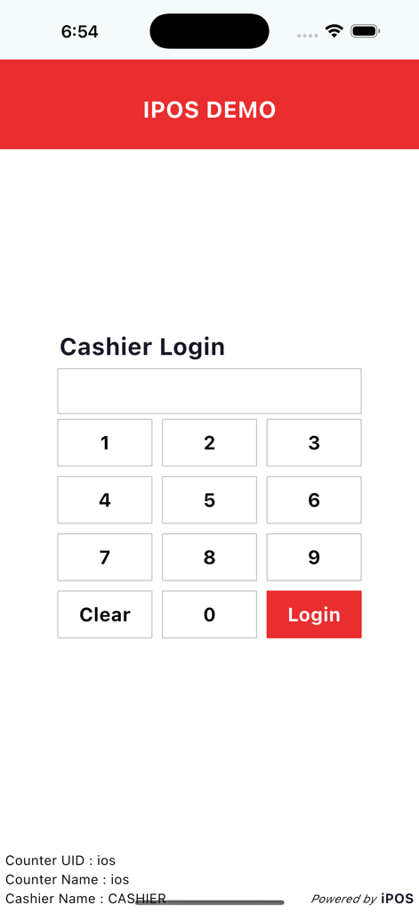 Cashier login screen with a numeric keypad for the iPOS Restaurant POS app