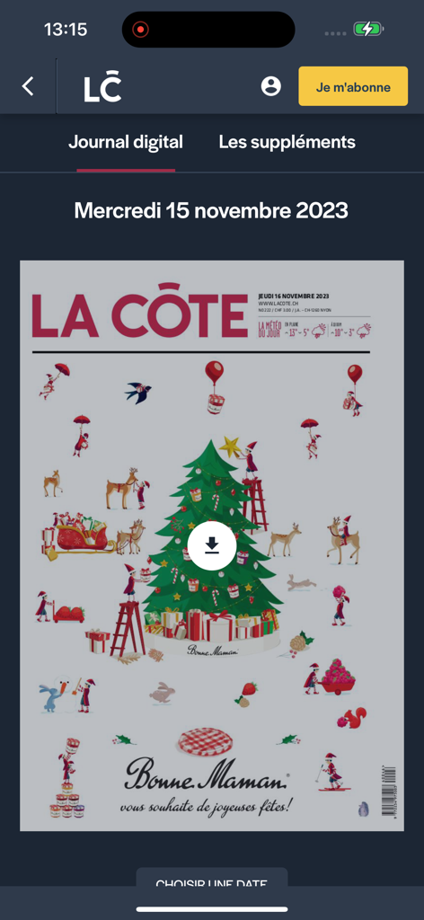 La Côte App-Oberfläche mit dem Abschnitt Digitaljournal, der einen weihnachtlichen Zeitungsumschlag und eine Download-Schaltfläche anzeigt.
